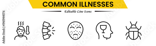 Common Illnesses line icons set. Common Illnesses outline icons with editable stroke collection. These Includes Breast Cancer, Depression, Brain Tumor, Allergy, Diabetes, and More.