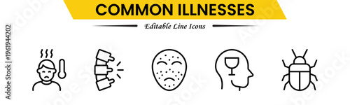 Common Illnesses line icons set. Common Illnesses outline icons with editable stroke collection. These Includes Breast Cancer, Depression, Brain Tumor, Allergy, Diabetes, and More.