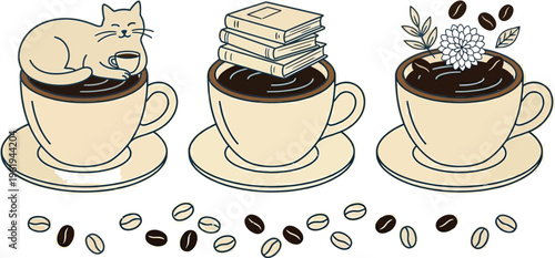 Retro groovy set with coffee mascot, cartoon characters, funny colorful doodle style characters, cappuccino, cocoa, latte, espresso and americano. Vector illustration on beige isolated ... 