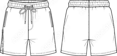 Fashion technical sketch of casual drawstring sweat shorts, front and back view minimalist sportswear template vector illustration isolated on white.