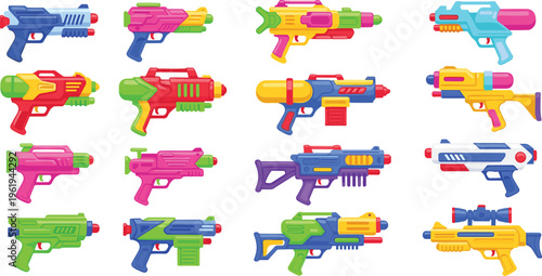 Colorful toy water guns collection with plastic blasters, summer kids play equipment set for outdoor fun, party games and playful vector illustration