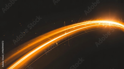 Abstract orange light trail curve on dark background representing speed motion energy and futuristic technology concept