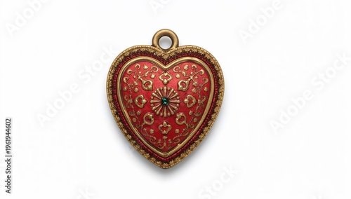 Decorated tin milagro heart charm with raised motifs, gold detailing, red enamel, and central gem, isolated on white background
