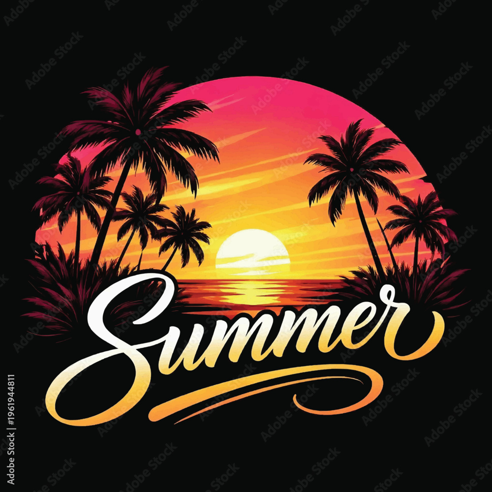 Fototapeta premium Summer Tropical Sunset Palm Trees T-Shirt Vector Design