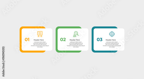 Infographic design with three steps and colorful borders.