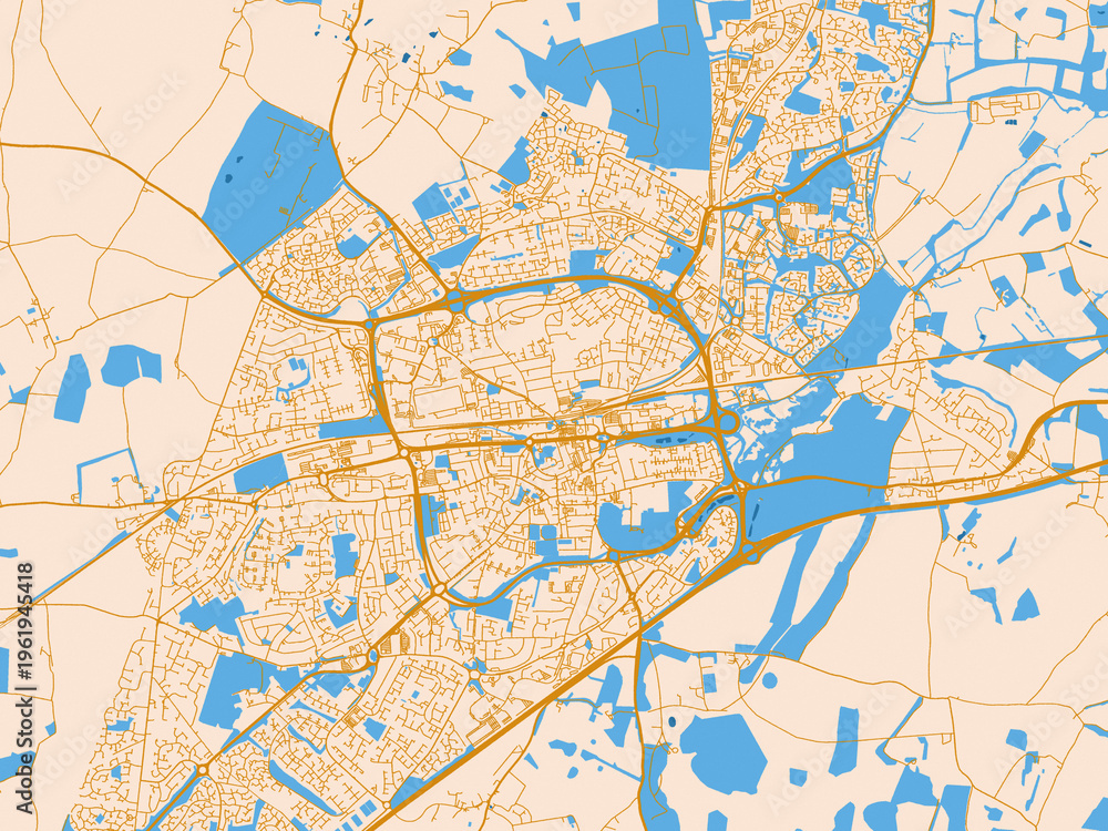 Fototapeta premium Minimal city map of Basingstoke, United Kingdom with light cream and blue contrast