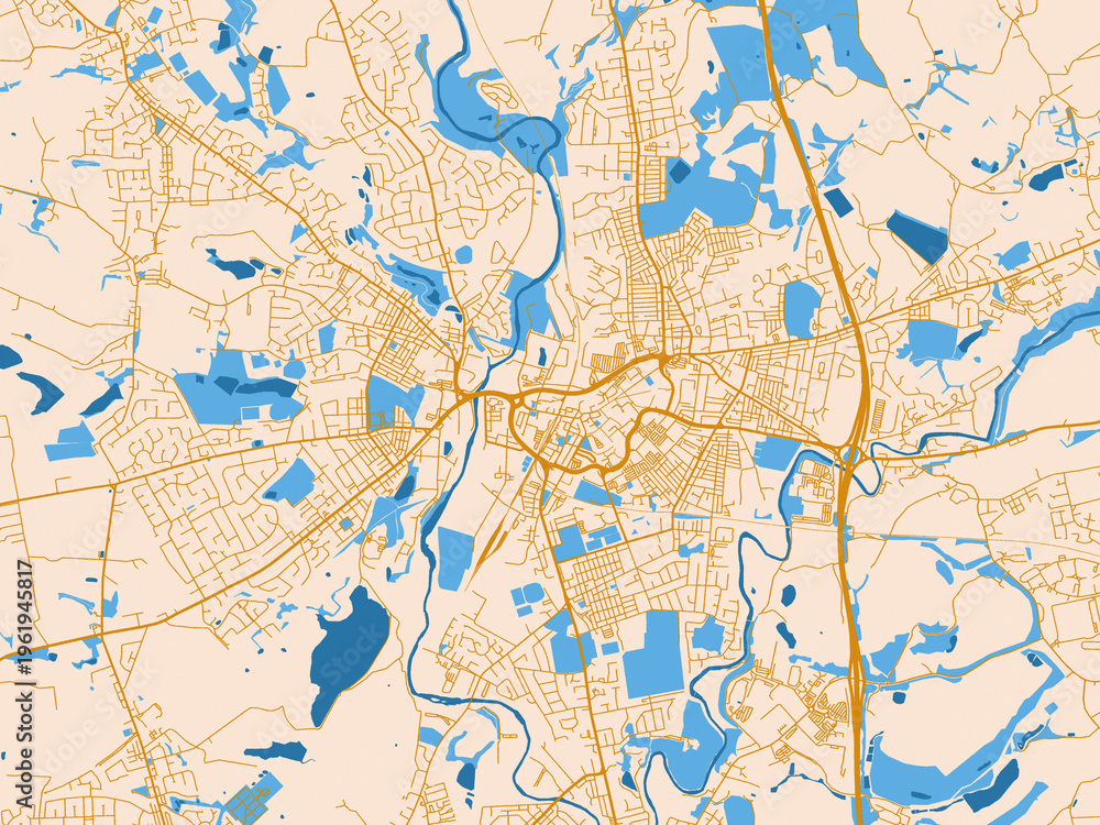 Fototapeta premium Street network map of Bury, United Kingdom, golden linework with blue water