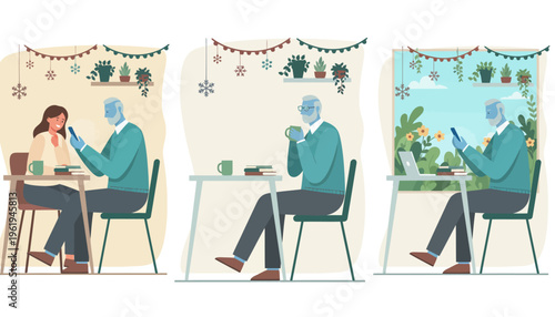 Observing modern digital habits as a man consistently uses his smartphone and laptop across various daily scenarios, highlighting technology's integration into life