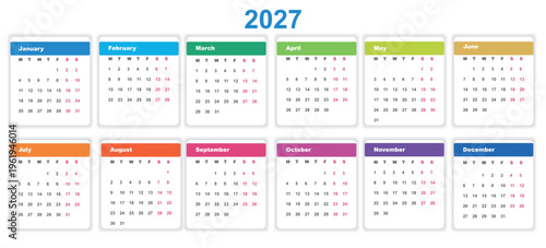 Calendar 2027 template horizontal vector for 12 months. Clean minimalist style with multicolored headers for yearly planning, corporate schedule and stationery design.