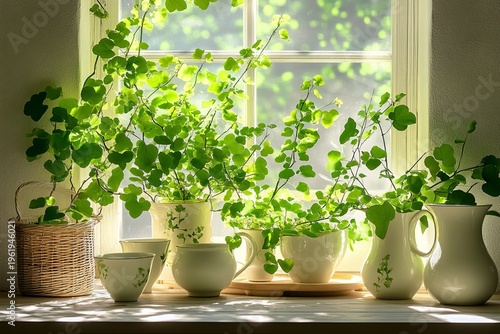 Lush Green Oasis Indoor Space Featuring Beautiful Window Display of Vibrant Houseplants and Decor