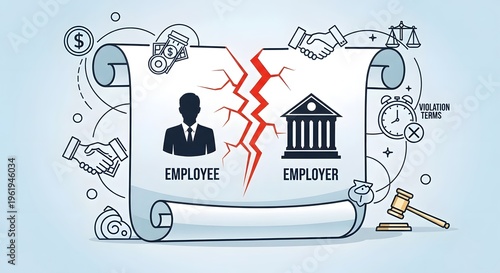 Conceptual illustration of a broken scroll symbolizing an employee and employer dispute, highlighting legal separation, contract termination, and workplace conflict