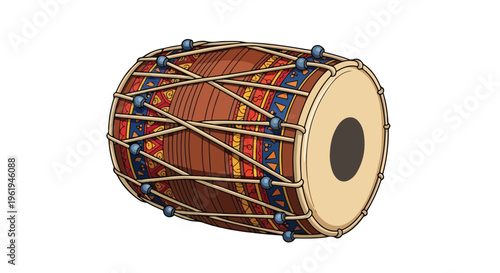 A traditional Indian tabla drum with intricate brown, red, yellow, and blue designs against a clean white background.