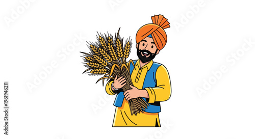 Illustration of a Baishaki farmer wearing traditional attire holding wheat sheaves on a plain background with vibrant colors.