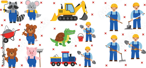 Construction workers and cute animal builders set with tools, excavator, wheelbarrow and equipment, cartoon labor characters vector illustration collection for kids and design