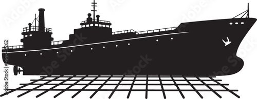 Black silhouette of a large ship on a grid background