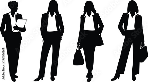 Business professional silhouettes, corporate fashion illustration, office attire vector, business people poses, workplace diversity concept, formal suit silhouettes, business accessories