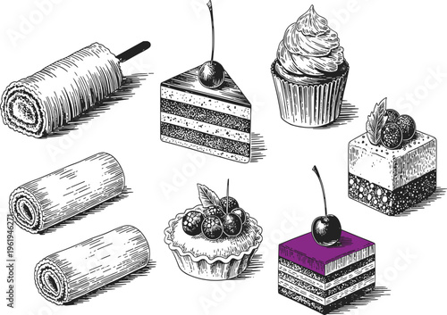 Dessert vector sketch set with cakes, cupcakes, swiss rolls, and tarts for bakery menu design