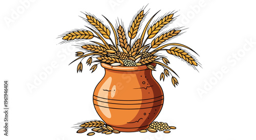 Illustration of a traditional clay pot filled with golden wheat stalks and grains on a clean white background with warm earthy tones