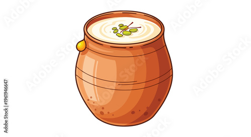 A cartoon-style illustration of a terracotta pot filled with a creamy Baishaki drink, garnished with herbs and spices on a plain white background.