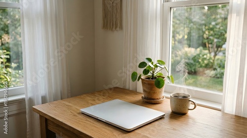 A serene workspace with a laptop, plant, and coffee cup on a wooden desk by a sunny window