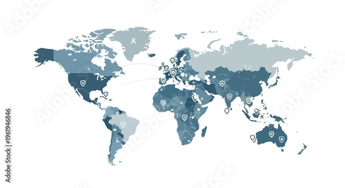World map with various countries colored in different shades of blue on a white background for World Immunization Week