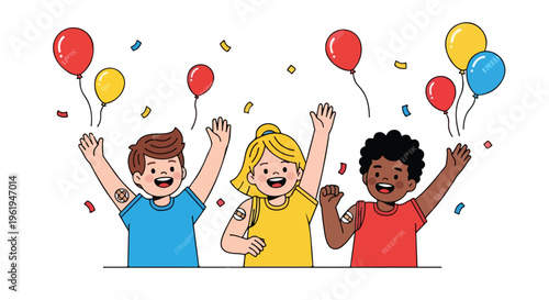 Cartoon illustration of three happy children celebrating world immunization week with balloons and confetti on a white background