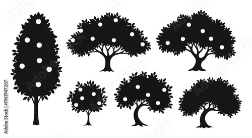 Silhouette Fruit Trees Collection: Orange, Apple, Citrus, Organic Produce Icons