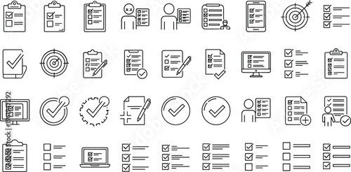 Checklist task management line icons set featuring to do list planning productivity workflow approval document outline vector collection