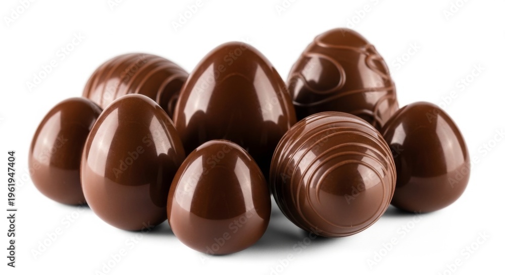 Fototapeta premium Assortment of rich dark chocolate Easter eggs arranged closely together on a white surface.