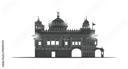 A grayscale illustration of a majestic Indian palace entrance with domes and archways, set against a clean white background, showcasing intricate architectural details.