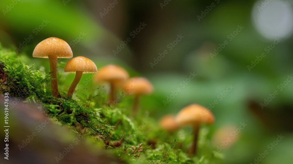 Fototapeta premium A small batch of young mushroom caps emerging from vibrant green moss in a natural forest setting.