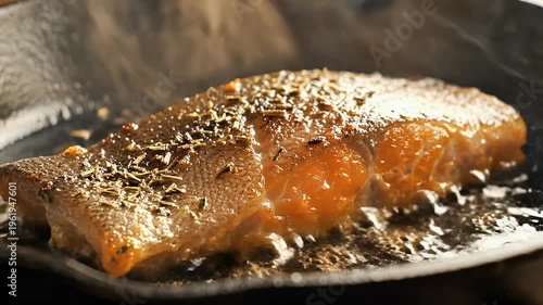 Sizzling Pan Fried Salmon Fillet With Sesame Seeds.