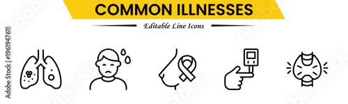 Common Illnesses line icons set. Common Illnesses outline icons with editable stroke collection. These Includes Breast Cancer, Depression, Brain Tumor, Allergy, Diabetes, and More.
