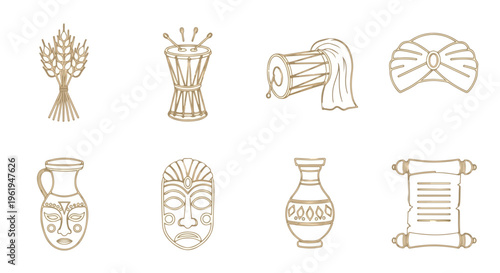 A collection of eight ancient Egyptian-style icons including a wheat sheaf, ceremonial masks, vases, and scrolls in gold line art on a white background.