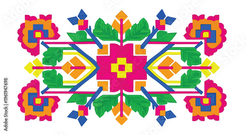 Vibrant Baishaki-inspired floral pattern with intricate geometric shapes in pink, green, blue, and orange hues on a white background, showcasing traditional cultural design elements.