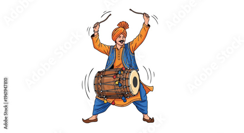 A cartoon man in traditional Baishaki attire playing a drum with sticks in a lively performance.