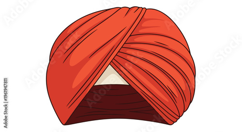 Illustration of a vibrant red turban with intricate folds on a plain white background, showcasing a traditional Baishaki headgear.