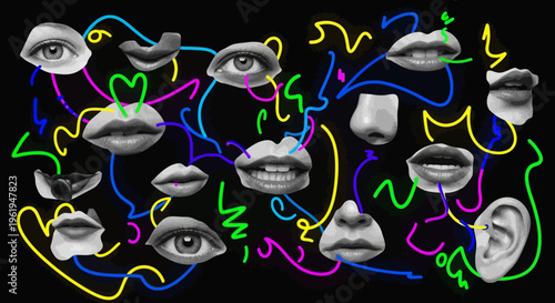 A surreal illustration of human facial features connected by colorful neon lines.