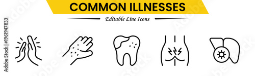 Common Illnesses line icons set. Common Illnesses outline icons with editable stroke collection. These Includes Breast Cancer, Depression, Brain Tumor, Allergy, Diabetes, and More.