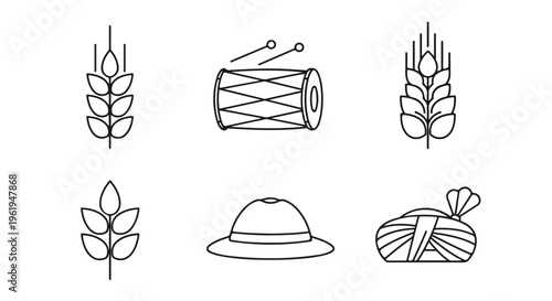 A set of six line art illustrations featuring leaves, threads, and a hat on a white background with a minimalist style.