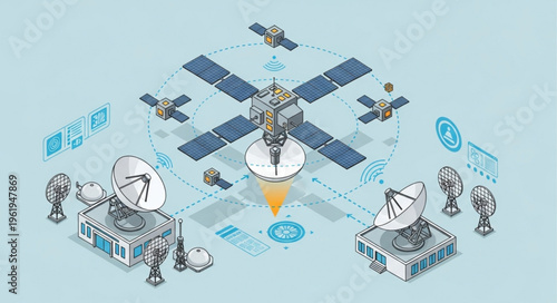 Satellite Network Communication System with Ground Stations and Data Transmission.