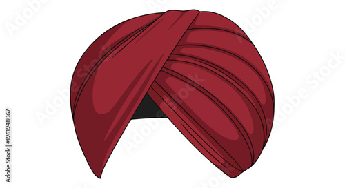 A vibrant red turban with intricate folds against a clean white background, showcasing a traditional headgear in a simple, graphic style.