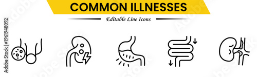 Common Illnesses line icons set. Common Illnesses outline icons with editable stroke collection. These Includes Breast Cancer, Depression, Brain Tumor, Allergy, Diabetes, and More.