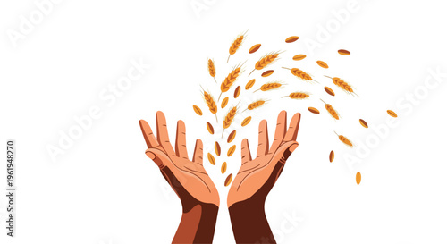 Flat illustration of two hands releasing orange leaves against a clean white background with a seasonal and natural mood.