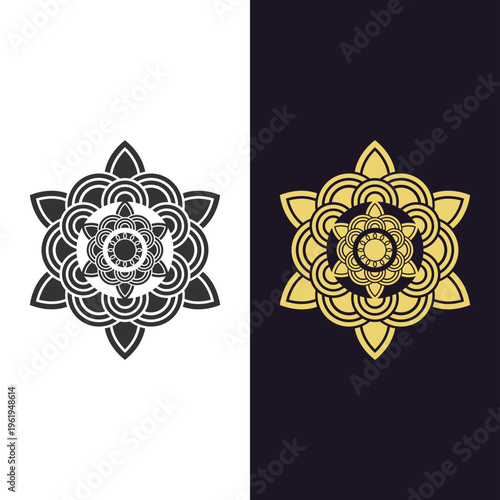 Intricate Symmetrical Spiritual Floral Design Element in Two Color Variants