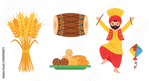 Flat lay illustration of Baishaki festival elements including wheat, drum, food, and dancer with kite, against a clean white background with vibrant colors.