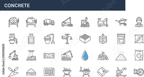Concrete construction line icons set with cement mixer building materials equipment editable stroke outline vector collection for industrial engineering projects