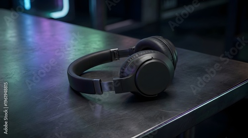 A sleek, black pair of over-ear headphones rests on a metallic table