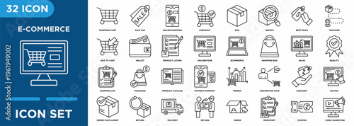 E-commerce  icon set illustrating shopping cart, sale tag, online shopping, checkout, box, search, best price, tracking for management and corporate