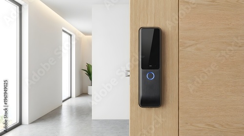 A sleek black electronic door lock with a blue light on a light wood door in a modern room